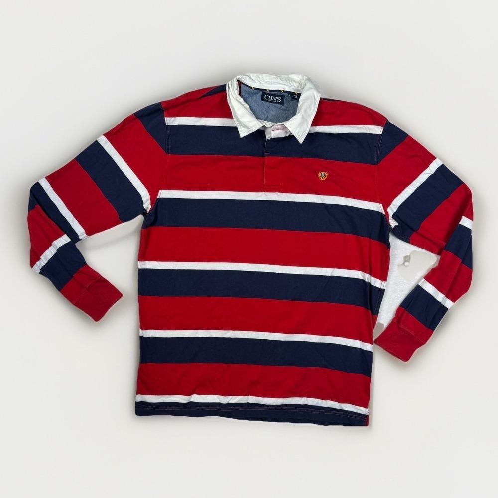 Chaps RL Rugby Polo Shirt Mens XLT Red Navy White Stripe Long Sleeve Y2K Preppy